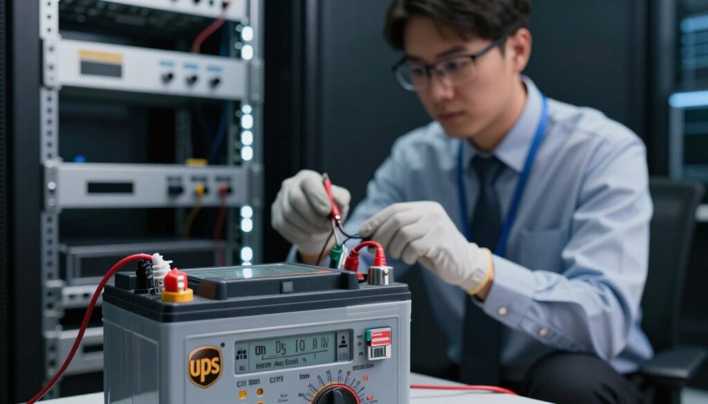 A close-up view of a UPS battery being tested for health, with a digital multimeter displaying voltage and current readings in the foreground. The battery is connected to the UPS unit, showcasing its professional setup. In the middle layer, a technician in business attire is carefully inspecting the battery terminals, wearing protective gloves and glasses, focused on ensuring safety. The background features a dimly lit server room, with various electronics shelves illuminated by soft white LED lights, creating a tech-savvy atmosphere. The composition should have a clear depth of field, with a well-defined focus on the battery and technician, conveying a mood of diligence and professionalism in maintenance.