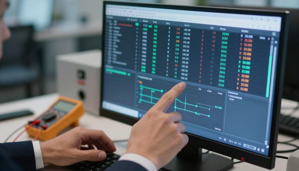A close-up view of a computer screen displaying intricate UPS diagnostic logs filled with various technical metrics like voltage, current, and status indicators, set against a lightly blurred office background. The screen is illuminated with a soft blue glow, casting gentle shadows on the desk littered with technical tools like a multimeter and cables. In the foreground, a pair of hands, wearing professional business attire, is interacting with the screen, pointing at key data points. The mood is focused and analytical, reflecting a technical troubleshooting atmosphere. The lighting is bright yet soft, emphasizing the details on the screen while maintaining an organized workspace aesthetic. No text or additional elements are present to distract from the diagnostic logs.