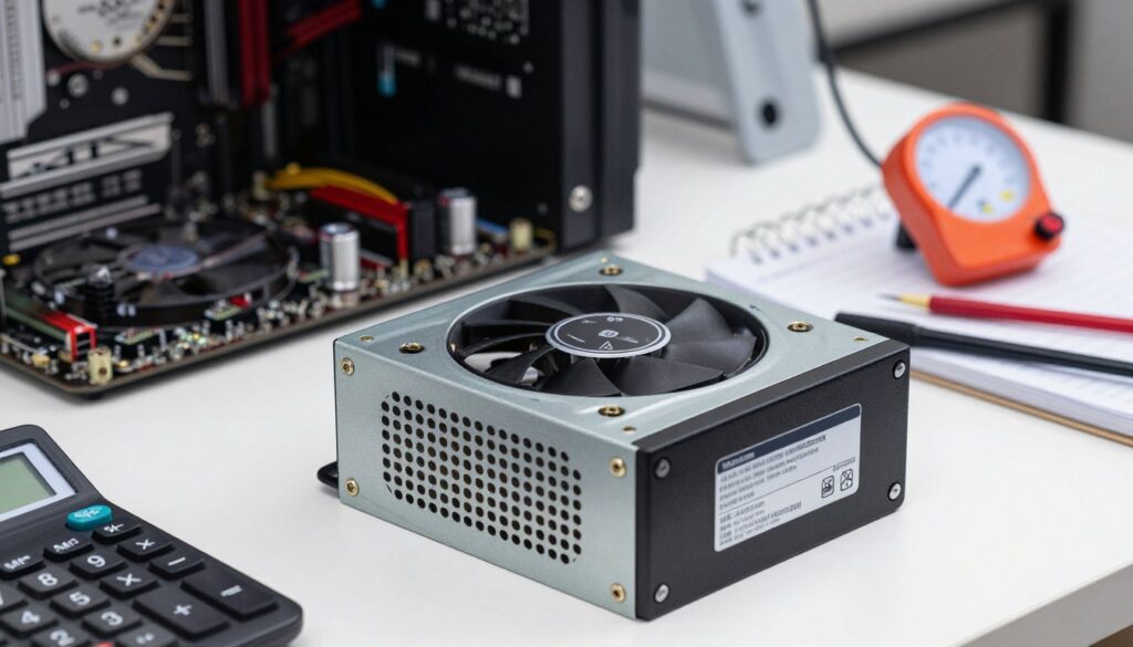 A close-up view of a detailed power supply unit with visible internal components, such as capacitors and cooling fans, situated on a workspace with a calculator and a notepad. The foreground features the power supply, emphasizing its sleek design and technical specifications. In the middle ground, include a neatly organized workspace with tools and measuring devices like a wattmeter, symbolizing the steps to calculate power requirements. The background features soft-focus computer hardware elements like a motherboard and graphics card. The lighting is bright and clinical, highlighting the technical details, creating a purposeful and focused atmosphere. The camera angle is slightly angled to showcase depth and dimension, evoking a sense of precision in computing and power management.
