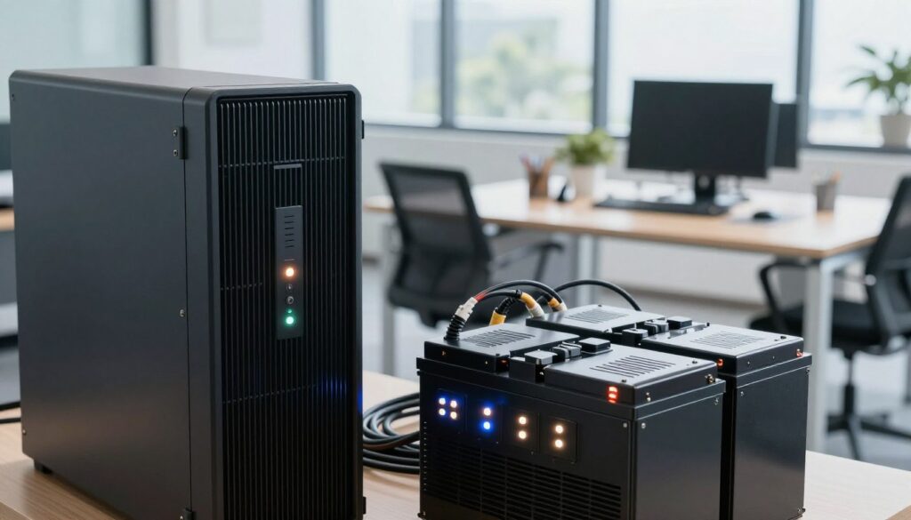 A close-up view of a high-quality uninterruptible power supply (UPS) battery system prominently displayed in a modern office environment. In the foreground, sleek, charged UPS units with visible LED indicators glow softly, showcasing their functionality. The middle ground features a workspace with power cables neatly organized, connected to the UPS, and an elegant desk outfitted with a computer and essential office tools. In the background, large windows let in natural light, creating a bright atmosphere that emphasizes productivity. The overall mood is professional and organized, reflecting a strategic planning theme. Capture the scene with a slightly angled perspective to add depth, enhancing details and textures of the UPS while maintaining a crisp focus.