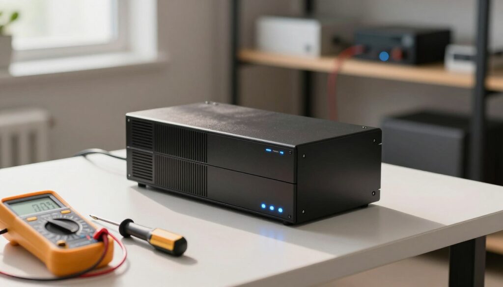 A close-up view of a modern, sleek uninterruptible power supply (UPS) battery sitting on a clean, organized workbench in a home office setting. The UPS is black with subtle blue LED indicators glowing softly, suggesting its operational status. In the foreground, tools such as a multimeter and a small screwdriver are neatly arranged, emphasizing maintenance. In the middle, the UPS battery has a textured, metallic casing, reflecting ambient light from a nearby window. The background features blurred shelves with neatly organized electronics and cables, creating a professional atmosphere. Soft, natural lighting enhances the scene, casting gentle shadows that add depth. The overall mood is focused and efficient, showcasing the importance of daily maintenance in a professional setting.