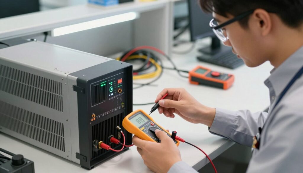 A close-up view of a modern uninterruptible power supply (UPS) system on a workbench. In the foreground, a technician wearing a professional business shirt and safety glasses is carefully testing the UPS after battery installation, using a multimeter to check voltage and connectivity. The middle of the scene features the UPS system, with visible indicators showing power and battery status, sleek lines, and a metallic finish. In the background, there are electric tools and a neatly organized workspace illuminated by bright, focused white LED lights, creating a clean and efficient atmosphere. The image should have a warm, professional mood, emphasizing safety and adherence to technical procedures in a corporate environment. The angle should be slightly above eye level, capturing the technician's focused expression.
