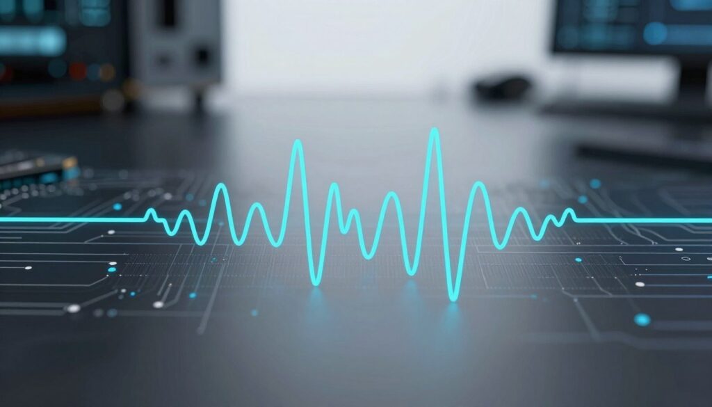 A close-up view of a pure sine wave graph, elegantly displayed against a sleek, modern background. In the foreground, the sine wave is rendered in vibrant colors, with smooth curves and clear peaks, illustrating its mathematical precision. The middle ground features subtle circuit board patterns and digital elements, suggesting the relationship between waveforms and PC components. The background is softly blurred, showcasing a high-tech workspace with soft lighting that gives a high-contrast effect. The overall mood is professional and technical, evoking a sense of clarity and focus, with the sine wave emanating an aura of stability and reliability. The composition is framed from a slightly elevated perspective, emphasizing the wave’s flow and continuity without any text or watermarks.