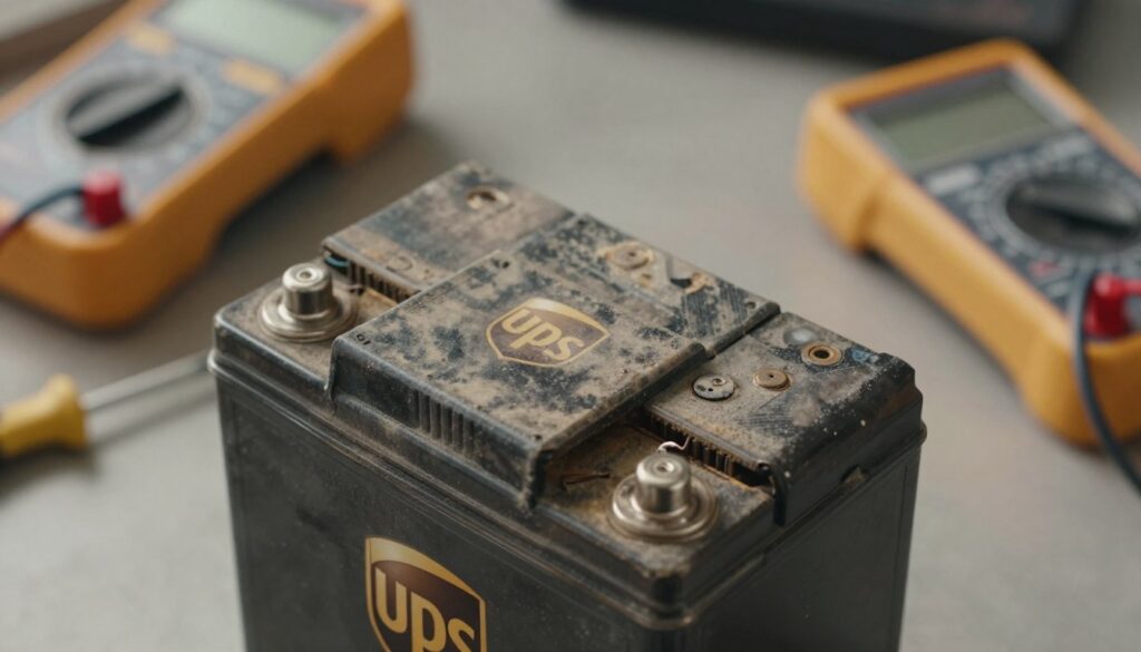 A close-up view of a worn-out UPS battery, showing visible signs of corrosion and wear, illustrating battery degradation. In the foreground, the battery is slightly tilted to reveal its damaged terminals and leaking electrolyte, with a faint haze of dust covering its surface. The middle ground features tools like a multimeter and a screwdriver, scattered on a well-used workbench, suggesting an environment of repair and troubleshooting. The background consists of soft, diffused lighting to emphasize the textures of the battery and tools, creating a slightly somber, concerned atmosphere. The angle is slightly top-down, focusing on the battery while keeping the tools in sharp detail, to convey urgency in addressing these common issues.