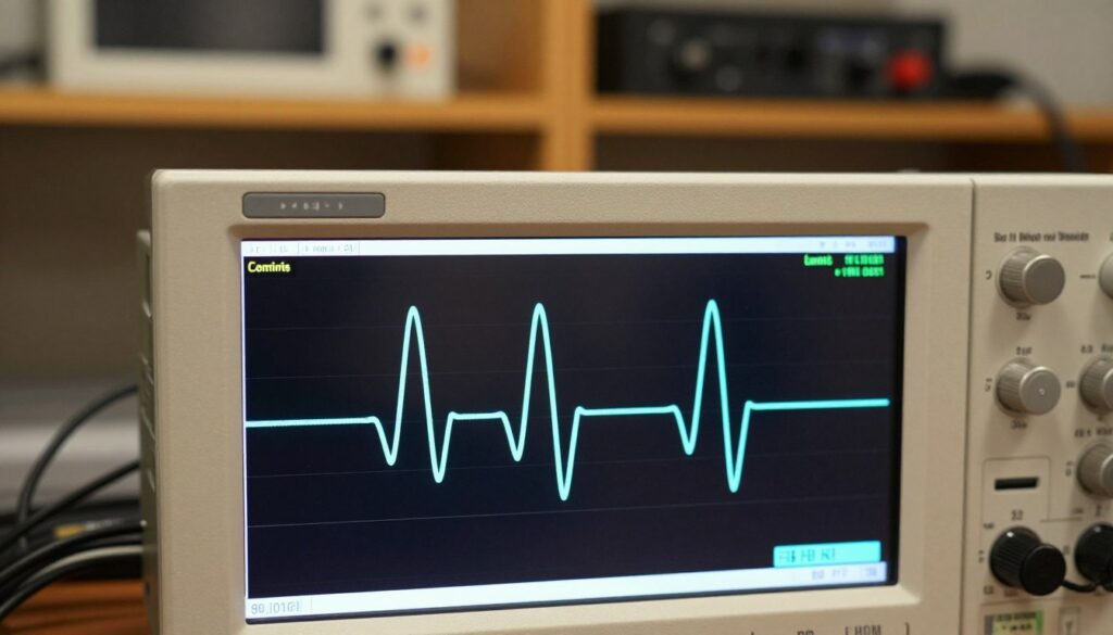 A close-up view of an oscilloscope screen displaying a clear, distinct pure sine wave, demonstrating its smooth and continuous oscillation patterns. In the foreground, include signals and waveform indicators, showcasing the purity and clarity of the sine wave. In the middle ground, the oscilloscope's sleek, modern design contrasts with the complex circuitry and components behind it. The background features a softly blurred work environment, with shelves of electronic equipment and tools subtly illuminated by warm, ambient lighting. Capture the essence of a professional setting, evoking precision and technical expertise, with an emphasis on clarity and detail in the waveforms. The overall mood should convey a sense of innovation and deep understanding of electronic principles.
