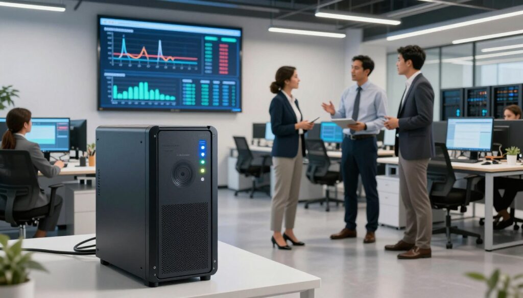 A contemporary office environment showcasing the advantages of an Uninterruptible Power Supply (UPS). In the foreground, a sleek, modern UPS unit with LED indicators sits prominently, symbolizing reliability and power. The middle ground features a diverse group of three professionals in business attire—two men and one woman—animatedly discussing the UPS benefits on a large digital screen displaying data graphs and power stability metrics. The background shows a well-lit, technology-infused workspace with rows of computers and servers. The lighting is bright and inviting, conveying a sense of safety and efficiency. A wide-angle view captures the essence of a high-tech, dependable workspace, illustrating the critical role of UPS systems in modern business operations.