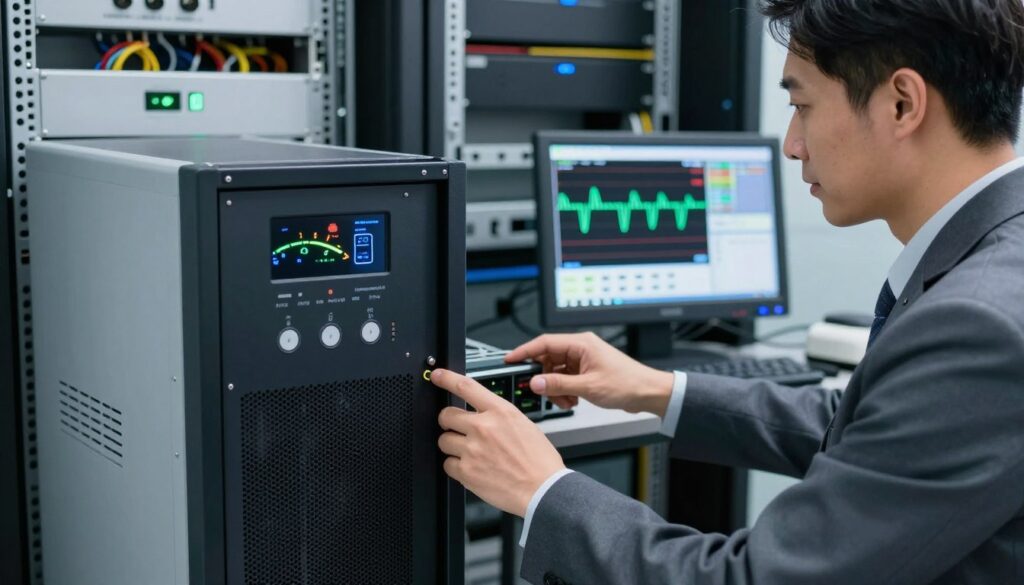 A detailed and informative scene illustrating the concept of mitigating environmental factors and voltage spikes. In the foreground, a modern Uninterruptible Power Supply (UPS) system with clear indicators displaying stable voltage levels. In the middle ground, a technician in professional business attire adjusts settings on the UPS while monitoring an oscilloscope showing voltage waveforms. In the background, a well-organized server room with shielded cables and climate control indicators, emphasizing stability and protection against environmental influences. Soft, even lighting creates a professional atmosphere, highlighting the importance of maintaining optimal conditions for equipment performance. The angle captures both the UPS and the technician's focused expression, conveying a sense of diligence and technology management.