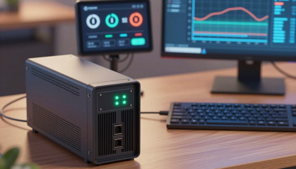 A detailed close-up illustration of an Uninterruptible Power Supply (UPS) unit, showcasing its features like LED indicators and power output ports in the foreground. The UPS is connected to a sleek, modern computer setup displaying components such as a monitor and keyboard, emphasizing the balance between battery capacity and runtime. In the middle ground, a digital display shows wattage and runtime stats, with graphical representations of power usage. The background is softly blurred to highlight the main subjects, with warm ambient lighting casting a professional atmosphere. The overall mood is informative and technical, designed to engage readers interested in understanding UPS functionality. Capture this scene from a slightly elevated angle, ensuring clarity and detail in both the UPS and computer setup.