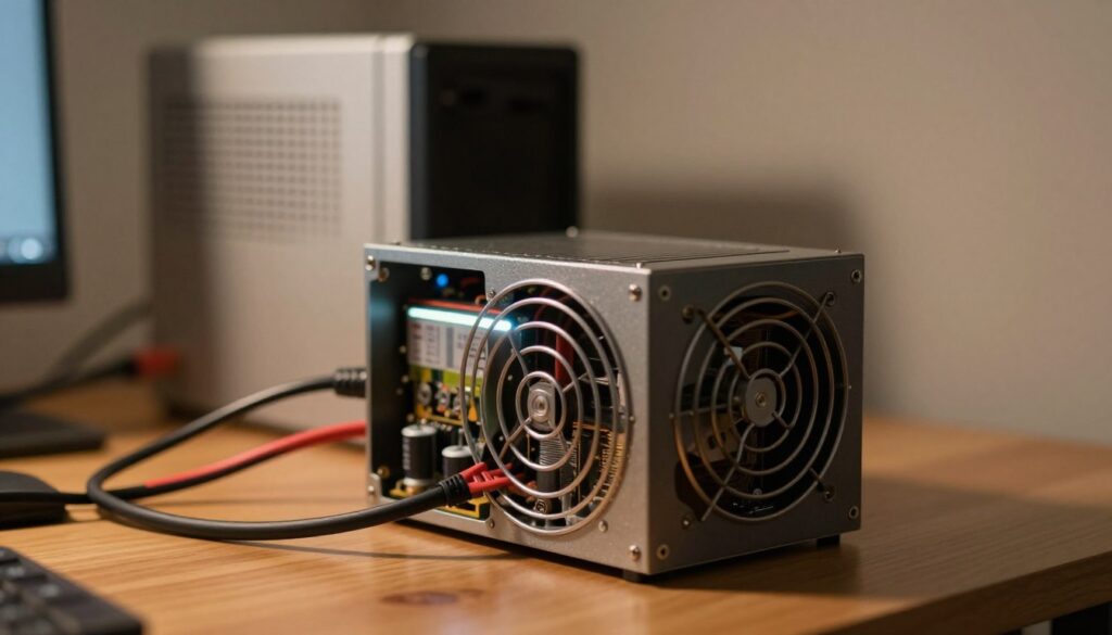 A detailed close-up of an electric power supply unit (PSU) on a wooden desk, with visible cables tangled around it. The PSU is partially open, showcasing its internal components like capacitors and circuit boards, highlighted by a soft glow from an overhead LED light. In the background, a slightly blurred uninterruptible power supply (UPS) unit stands against a neutral-colored wall, providing context of its relationship to the PSU. The overall lighting is warm, creating an atmosphere of concern, as if highlighting potential risks. The focus is sharp on the PSU, with a shallow depth of field drawing attention to the intricate details of its design, evoking a sense of technical scrutiny.
