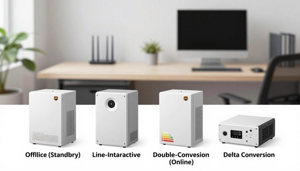 A detailed illustration comparing different UPS (Uninterruptible Power Supply) topologies, featuring four distinct UPS designs: Offline (Standby), Line-Interactive, Double-Conversion (Online), and Delta Conversion. In the foreground, showcase each topology side by side with labels highlighting their unique features, such as power ratings and efficiency. Use a clean, modern office environment in the middle ground, subtly including home office elements like a desk, Wi-Fi router, and a computer setup to create context. The background should have a soft-focus office space, conveying a sense of professionalism. Employ soft, diffused lighting to create an informative yet inviting atmosphere. Use a wide-angle lens perspective to capture all topology models effectively without clutter, ensuring a clear, direct comparison.
