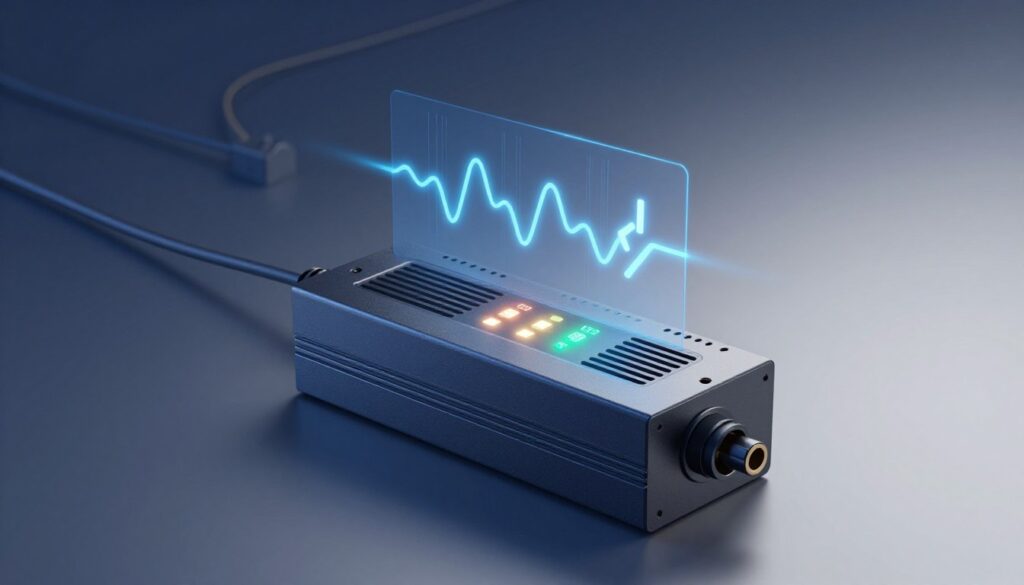 A detailed illustration of a surge protector showcasing its joule rating, prominently displayed in the foreground. The surge protector is sleek and modern, with illuminated LED indicators representing different joule ratings. In the middle ground, an electrical circuit can be subtly integrated, highlighting the flow of energy, with graphical elements like waveforms or voltage signs enhancing the technical feel. The background features a soft gradient transitioning from deep blue to light gray, creating a calming yet professional atmosphere. Soft, diffused lighting illuminates the scene, creating a focus on the surge protector while maintaining depth. The overall mood conveys security and reliability, emphasizing the importance of joule ratings in protecting electronics without any text or branding elements.