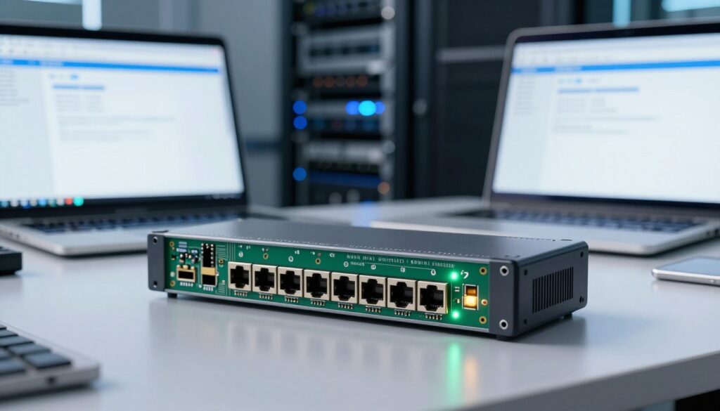 A detailed view of a network management card designed for a UPS system, showcasing its intricate components like Ethernet ports, LED indicators, and a sleek, modern casing. In the foreground, focus on the card itself, capturing fine details such as circuit traces and connection ports. The middle ground should feature a well-organized workspace with a laptop screen displaying network configuration software, set against a blurred background of a server room filled with racks of equipment and soft blue LED lighting. Use a subtle depth of field effect to emphasize the network management card while maintaining a professional atmosphere. The image should evoke a sense of technical precision and reliability, suitable for a technology-focused article.