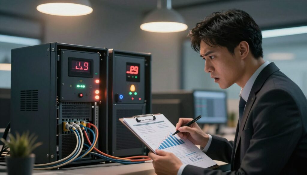 A dynamic illustration of common pitfalls in runtime planning for UPS systems. In the foreground, a concerned IT professional, dressed in business attire, studies a clip board filled with graphs and charts, expressing a sense of urgency. In the middle ground, a complex setup of UPS systems with indicators showing low runtime, highlighted by warning lights. Some cables are tangled, symbolizing disorganization. In the background, a dimly lit office environment with flickering overhead lights conveys a power outage scenario. Soft, warm lighting emphasizes the tension, while a slight lens blur enhances focus on the main subject. The atmosphere should be serious and contemplative, evoking a sense of importance around effective UPS battery management.