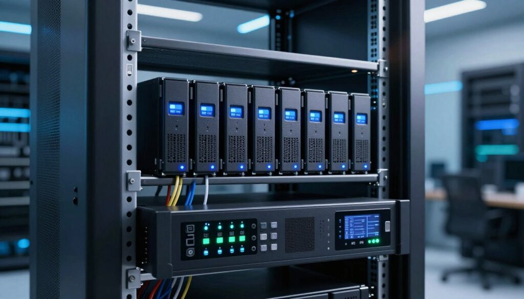 A high-tech rackmount UPS system in a well-organized server room, showcasing sleek black cabinets with blinking LED indicators. In the foreground, detailed views of the UPS's control panel, displaying battery charge levels and operational metrics. The middle layer features a row of enterprise-grade NAS drives, arranged methodically within a large rack, cables neatly managed for optimal airflow. The background presents a softly lit server room with blue and white ambient lighting, enhancing a futuristic feel. A subtle lens flare from overhead lights adds to the atmosphere. The composition should evoke a sense of reliability and advanced technology, highlighting the robust nature of battery backups for rackmount environments.