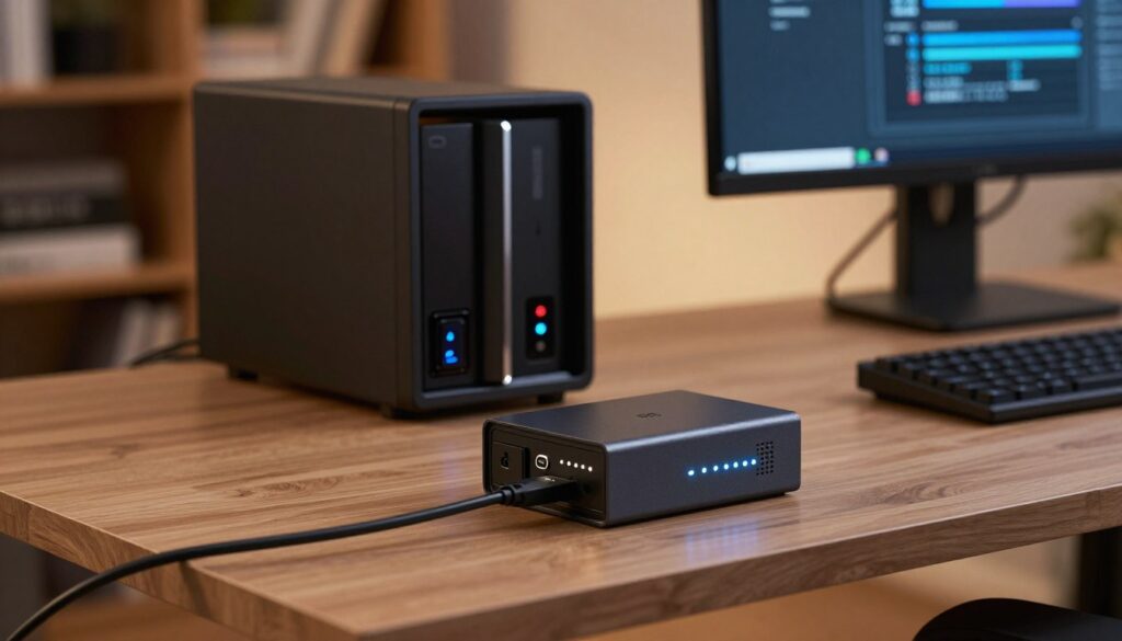 A modern USB-connected uninterruptible power supply (UPS) is prominently featured in the foreground, showcasing its sleek design and indicator lights. The focus is sharp on a USB cable connecting the UPS to a home server, highlighting the method of communication for automated shutdowns. In the middle ground, a stylish home office setup displays a NAS drive and a computer, emphasizing the technology at work. The background features warm ambient lighting, creating a cozy yet professional atmosphere, with soft focus on bookshelves filled with tech manuals. The image captures a sense of reliability and safety, perfect for illustrating the importance of battery backups in safeguarding digital data.