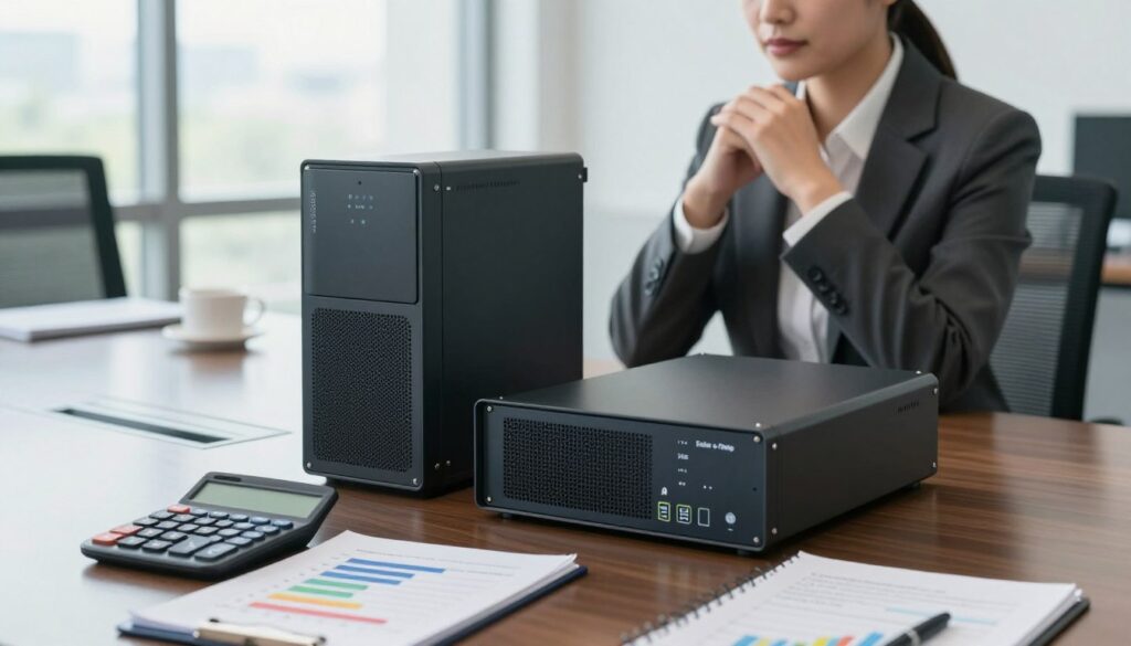 A modern office setting, focusing on a sleek line-interactive UPS system and an advanced online UPS system, placed side by side on a polished conference table. In the foreground, a calculator and a notebook with graphs showcasing efficiency metrics and cost analyses. In the middle ground, a well-dressed professional, wearing formal business attire, examines the UPS systems thoughtfully. In the background, large windows let in natural light, creating a bright, clear atmosphere that conveys clarity and productivity. The overall mood is analytical and professional, emphasizing the importance of efficiency and cost considerations in power solutions. The image is captured from a slightly elevated angle to provide a comprehensive view of the scene.