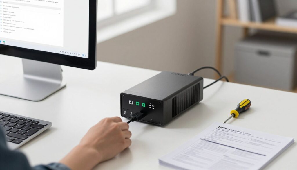 A modern workspace featuring a well-organized desk setup with a computer displaying UPS software on the screen. In the foreground, a hand connects a USB cable from the UPS to the PC, symbolizing the connection process. The middle ground showcases the UPS unit with visible indicators showing its status, alongside a few essential tools like a screwdriver and connection manuals. In the background, soft natural light filters through a window, enhancing the professional atmosphere. The scene is captured from a slight angle above the desk, giving a clear view of both the computer and the UPS. The overall mood is focused and technical, perfect for illustrating steps in software setup.