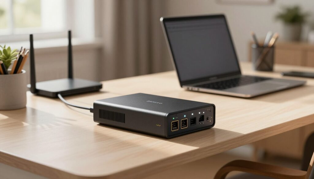 A sleek and modern battery backup unit prominently positioned in the foreground, showcasing its LED indicators and power ports. The middle ground features a well-organized home office setup, including a stylish desk with a laptop, a Wi-Fi router, and assorted office supplies, creating a productive atmosphere. In the background, a softly lit room with neutral colors enhances the sense of professionalism. The scene is illuminated with warm, natural light streaming from a window, casting subtle shadows and reflections. A shallow depth of field draws focus to the battery backup while blurring the office elements slightly, evoking a sense of efficient home working life. The overall mood is dynamic yet calm, aimed at modern professionals seeking reliable power solutions.