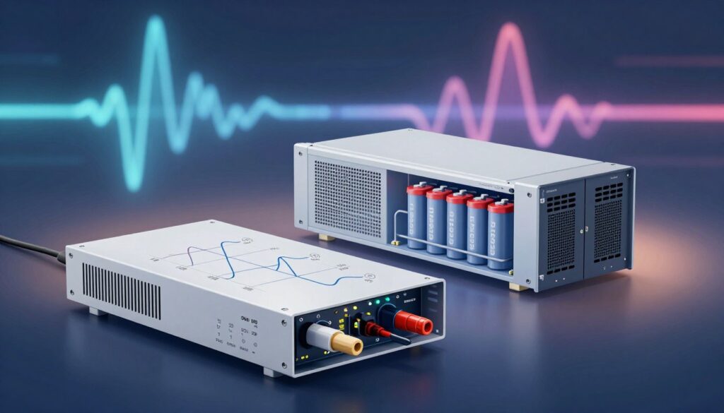 A sleek and modern digital illustration focusing on voltage regulation technology. In the foreground, a detailed schematic of a line-interactive UPS system showcasing its internal components with labeled voltage regulators and smooth waveforms. The middle layer features a semi-transparent view of an online UPS system, highlighting its robust design and battery management features. In the background, an abstract representation of fluctuating voltage levels, depicted as colorful waveforms, creating a dynamic energy flow. Soft, ambient lighting emphasizes the high-tech feel, while a slight lens blur on the background enhances depth. The atmosphere conveys a sense of innovation and reliability, perfect for illustrating how voltage regulation protects hardware in sensitive electronic environments.