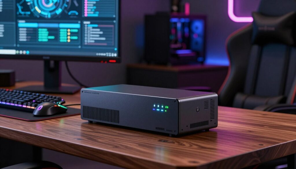 A sleek, modern UPS battery backup system prominently displayed on a polished wooden desk, surrounded by high-end gaming peripherals like a mechanical keyboard and RGB gaming mouse. The foreground features the UPS unit with clear LED indicators showing its status, emphasizing its advanced technology. In the middle ground, a high-quality gaming monitor displays system performance metrics, subtly illuminated by soft ambient lighting. The background shows a dimly-lit gaming room with futuristic decor, hints of neon lighting, and plush gaming chairs, creating an energetic atmosphere. The scene is shot with a shallow depth of field, capturing the intricate details of the UPS while softly blurring the background, conveying a sense of focus and sophistication in high-performance setups.