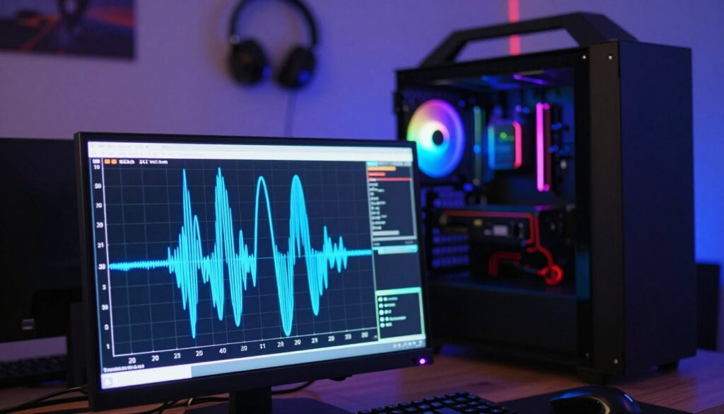 A vibrant, detailed visualization of a sine wave output displayed on an oscilloscope screen, located in a sleek, modern gaming setup. In the foreground, the oscilloscope shows a bright, smooth sine wave in a vivid blue hue, with labeled axes for voltage and time. The middle ground features a high-end gaming PC with RGB lighting, emphasizing power and innovation. The background consists of a softly blurred room filled with gaming peripherals, LED lights casting a neon glow. The scene is illuminated by cool, focused lighting that enhances the technical details, while the overall atmosphere conveys a sense of reliability and efficiency in power protection. The composition is taken from a slightly angled perspective to showcase depth and detail without any text or distractions.