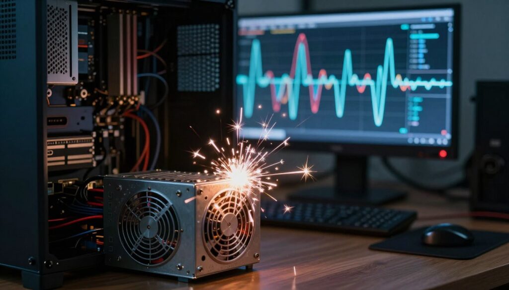 A visually compelling representation of power anomalies threatening computer hardware. In the foreground, a partially open computer case reveals a glowing, flickering power supply unit (PSU) with sparks emanating from it, symbolizing voltage fluctuations. In the middle, a vivid display of distorted electrical waves and erratic lines, depicting surges and dips in power, enhances the sense of danger. The background features a blurred office setting with dim, ominous lighting, highlighting a workstation loaded with tech equipment. Use a macro lens perspective to emphasize the PSU in detail while keeping a dramatic, moody atmosphere throughout the scene. Soft, shadowy highlights enhance the tension, suggesting the potential risk to connected devices.