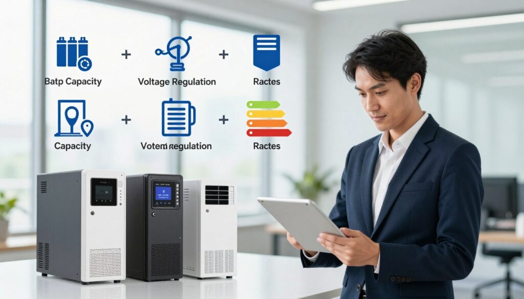 A visually engaging and informative illustration depicting the various factors to consider before purchasing a line interactive UPS system. In the foreground, a professional businessperson in a sleek suit examines technical specifications on a tablet, surrounded by various UPS models showcasing their features. In the middle ground, clear icons representing key factors such as battery capacity, voltage regulation, efficiency ratings, and warranty options are well-organized. The background features a bright, modern office environment with soft natural lighting filtering through large windows, emphasizing a sense of professionalism and clarity. The mood is serious yet optimistic, highlighting the importance of informed purchasing decisions for reliable power solutions.