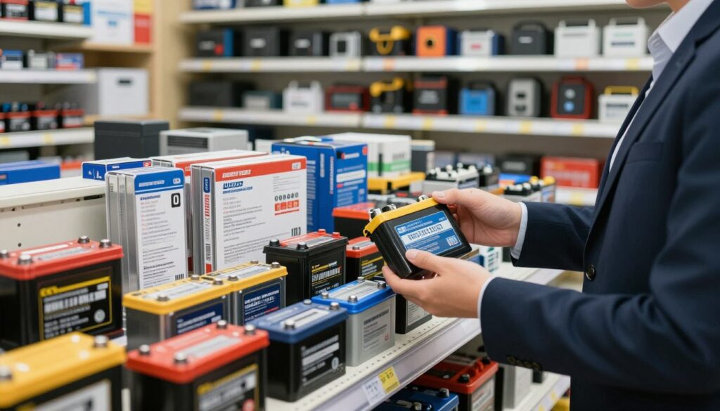 A well-lit hardware store aisle showcasing various replacement batteries for UPS systems. In the foreground, a person in professional business attire is thoughtfully examining a selection of batteries displayed on a shelf, showcasing a mix of sizes and brands. The middle ground features battery packaging and labels clearly indicating specifications, such as voltage and compatibility, creating an organized and informative atmosphere. In the background, shelves are filled with power equipment and tools, suggesting a technical environment. Soft, natural lighting enhances clarity and focus on the products, while a slight blur in the background creates depth. The overall mood is one of practicality and careful decision-making, conveying the importance of choosing the right replacement battery.