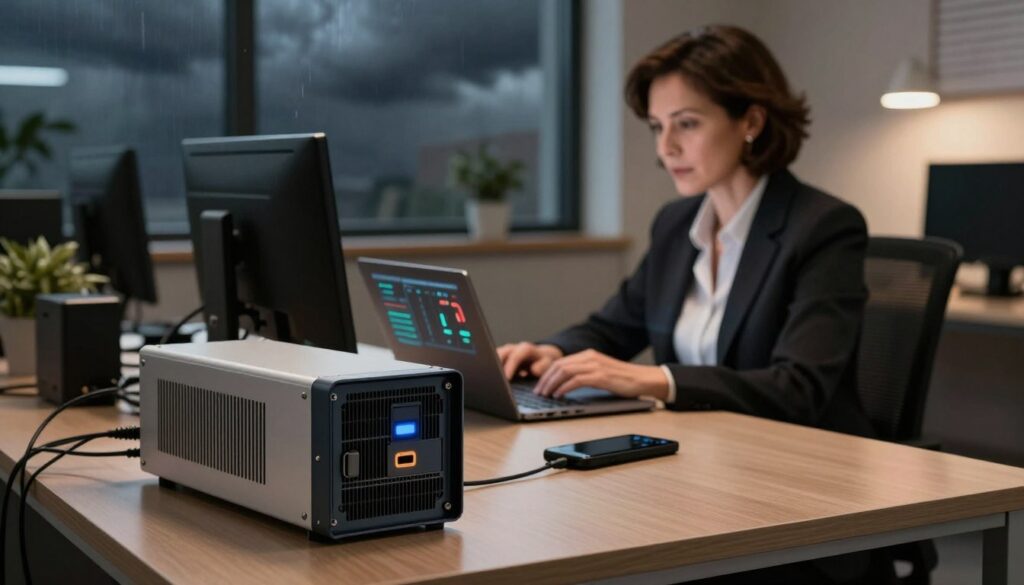 A well-lit office environment during a power outage, featuring a sturdy UPS (Uninterruptible Power Supply) unit prominently in the foreground. The UPS is connected to various essential devices like a computer and a phone, showcasing the importance of backup power. In the middle ground, a focused individual in business attire, a middle-aged woman with short hair, is examining a digital dashboard on her laptop, analyzing the backup time remaining with a look of concentration. The background features a window with a dark sky outside, indicating an ongoing storm, enhancing the tension. Soft, warm lighting emanates from the laptop and UPS, creating a focused yet calm atmosphere, suggesting determination amidst chaos. The angle is slightly above eye level, adding depth and perspective to the scene.