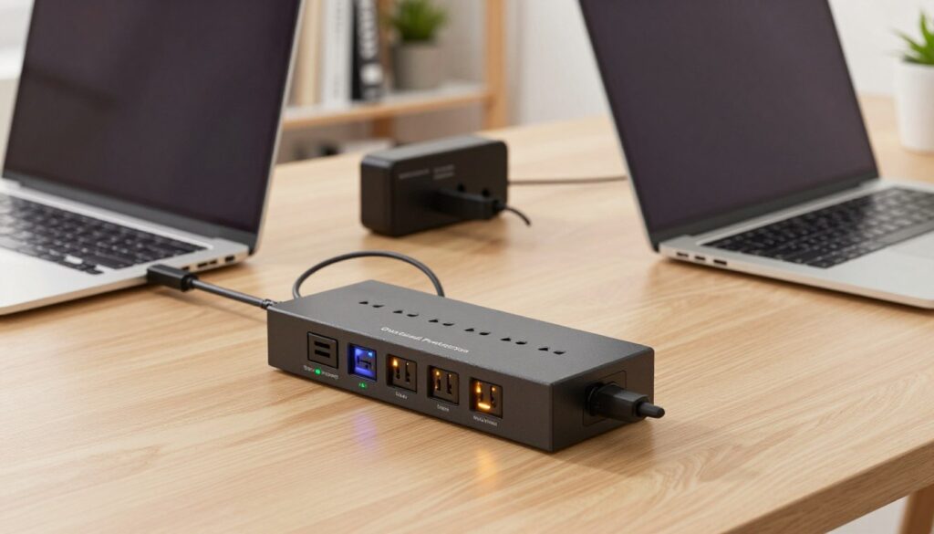 A well-organized workspace featuring a computer setup that includes a surge protector with multiple outlets visible, illuminated by soft, warm lighting. In the foreground, the surge protector showcases labeled indicators, like "Overload Protection" and "Surge Protected," creating a focus point. In the middle ground, a sleek laptop and a few electronic gadgets are plugged into the surge protector, highlighting its utility. The background features a tidy office environment with shelves of books and a small potted plant, conveying a sense of professionalism. The camera angle is slightly above eye level, offering a clear view of the equipment while maintaining a clean and modern aesthetic. The atmosphere is informative yet inviting, ideal for illustrating the importance of using a surge protector.